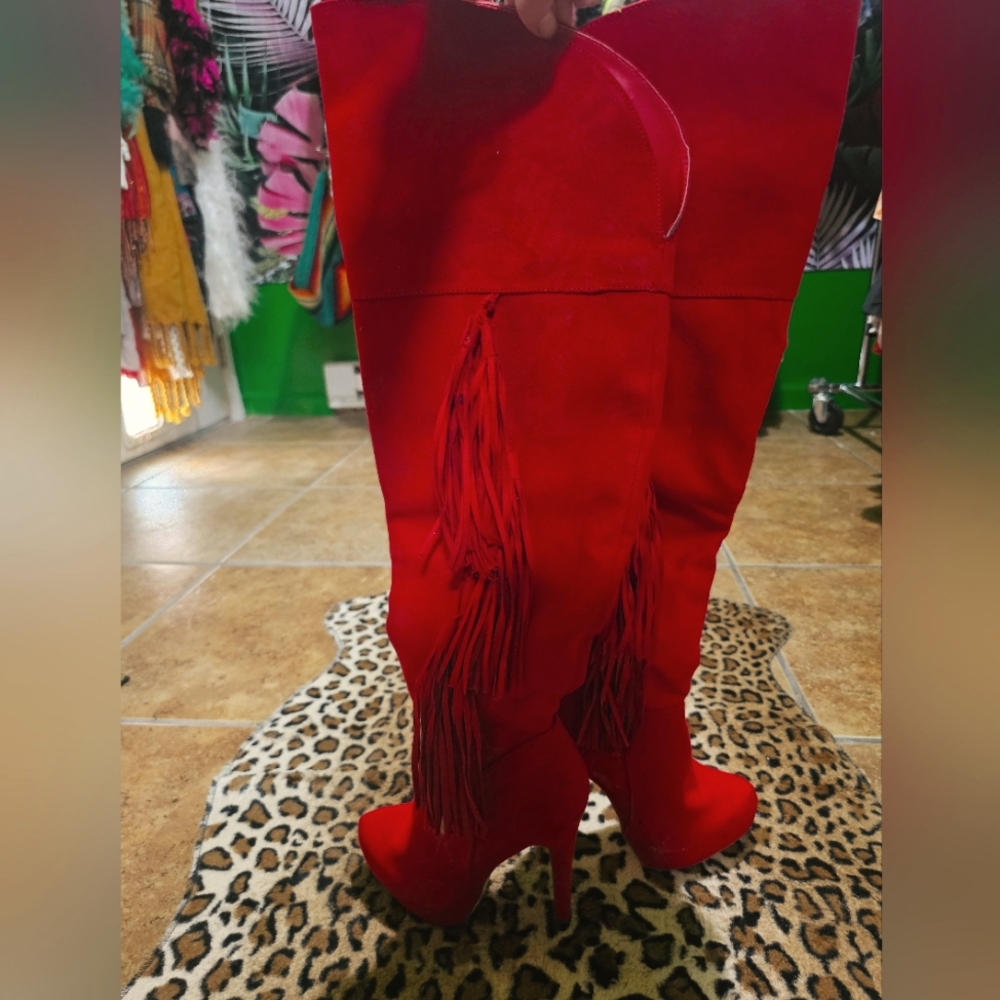 Just Fab red fridge knee high boots